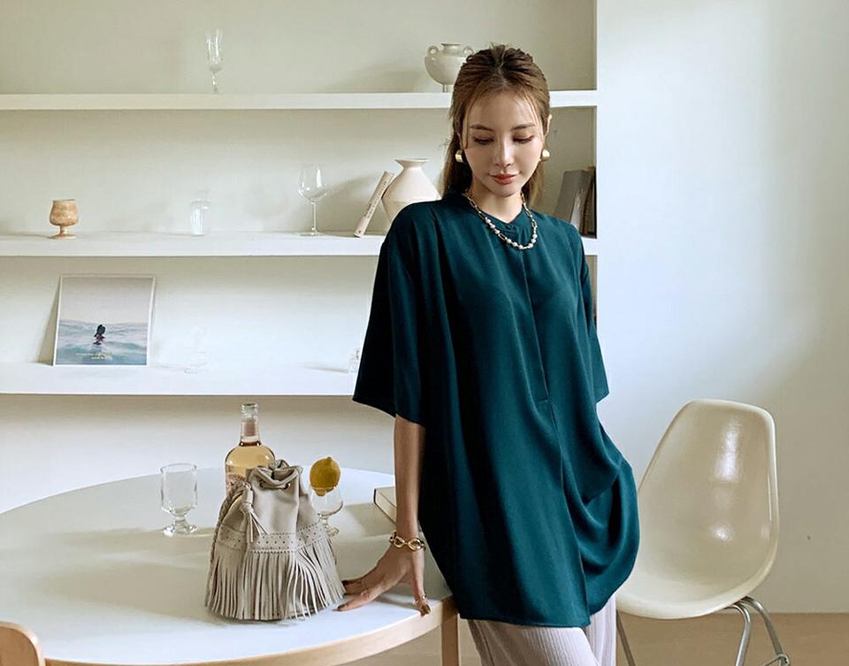 ハーフボタンブラウス・全3色・b69854 レディース 【bl】トップス ブラウス 半袖 ハーフスリーブ ハーフボタン 単色 無地 シンプル 大人 アンバランス バンドカラー ゆったり 春 夏 韓国 ファッション ハイホリHIHOLLI