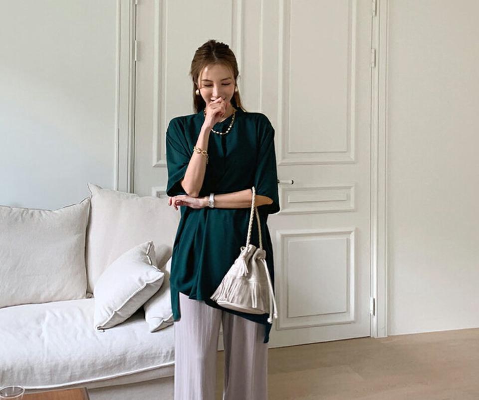 ハーフボタンブラウス・全3色・b69854 レディース 【bl】トップス ブラウス 半袖 ハーフスリーブ ハーフボタン 単色 無地 シンプル 大人 アンバランス バンドカラー ゆったり 春 夏 韓国 ファッション ハイホリHIHOLLI