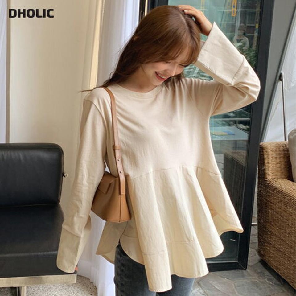 即日配送 切替フレアTシャツ・全3色・b00710 レディース 【tops】韓国ファッション トップス Tシャツ 長袖 フレア スリット ラウンドネック ベーシック ルーズ 体型カバー 細身 ゆったり デイリー カジュアル 春 秋 NIJU