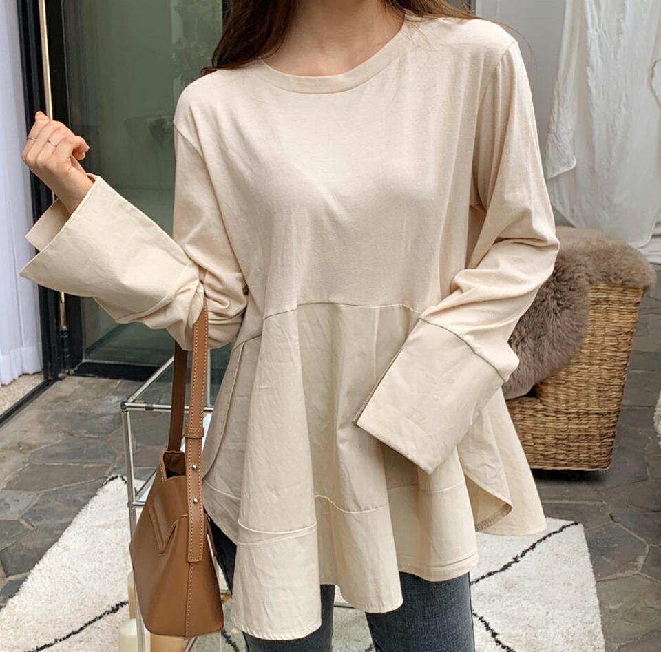即日配送 切替フレアTシャツ・全3色・b00710 レディース 【tops】韓国ファッション トップス Tシャツ 長袖 フレア スリット ラウンドネック ベーシック ルーズ 体型カバー 細身 ゆったり デイリー カジュアル 春 秋 NIJU