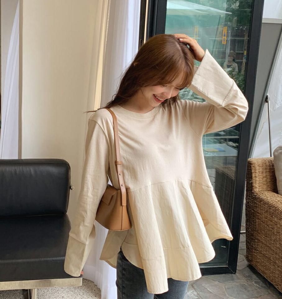 即日配送 切替フレアTシャツ・全3色・b00710 レディース 【tops】韓国ファッション トップス Tシャツ 長袖 フレア スリット ラウンドネック ベーシック ルーズ 体型カバー 細身 ゆったり デイリー カジュアル 春 秋 NIJU