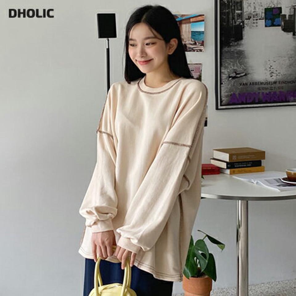 配色アウトステッチTシャツ・全3色・t00711 レディース 【tops】韓国ファッション トップス Tシャツ 長袖 配色 ステッチ ラウンドネック リブ ルーズ 体型カーバー 細身 ゆったり デイリー カジュアル 春 秋 NIJU