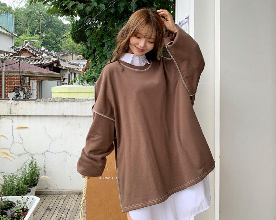配色アウトステッチTシャツ・全3色・t00711 レディース 【tops】韓国ファッション トップス Tシャツ 長袖 配色 ステッチ ラウンドネック リブ ルーズ 体型カーバー 細身 ゆったり デイリー カジュアル 春 秋 NIJU