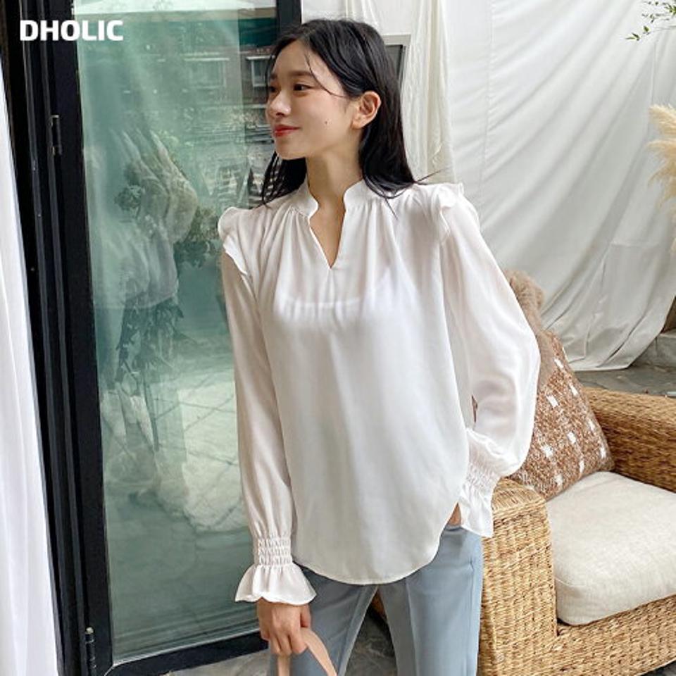 スリットネックフリルブラウス・全3色・t00716 レディース 【bl】韓国 ファッション トップス ブラウス 長袖 シンプル ラブリー フリル スリットネック スタンドカラー シャーリング ベーシック フェミニン 上品 体型カバー 細身 春 秋 NIJU