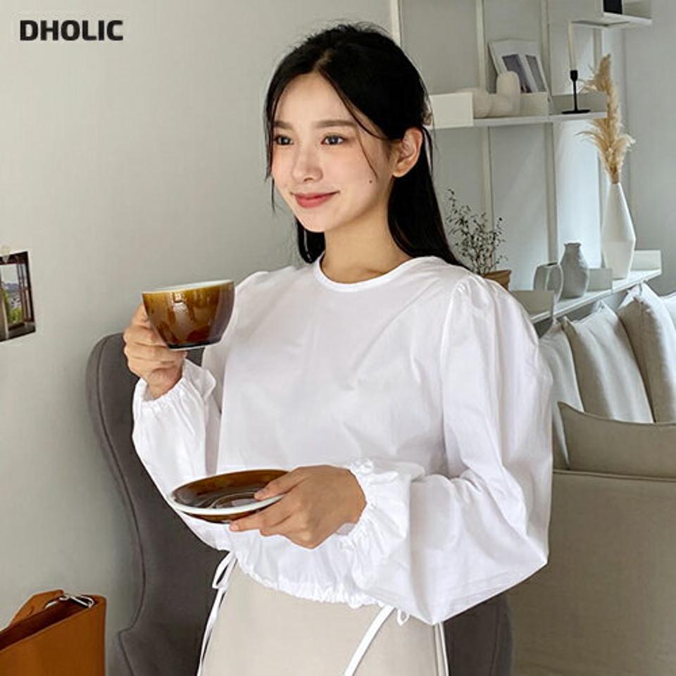 ストリングパフブラウス・全3色・t00743 レディース 【bl】韓国ファッション トップス ブラウス 長袖 シンプル ラブリー パフ ラウンドネック ストラップ ストリング ゴム ベーシック フェミニン 上品 体型カバー 細身 春 秋 NIJU