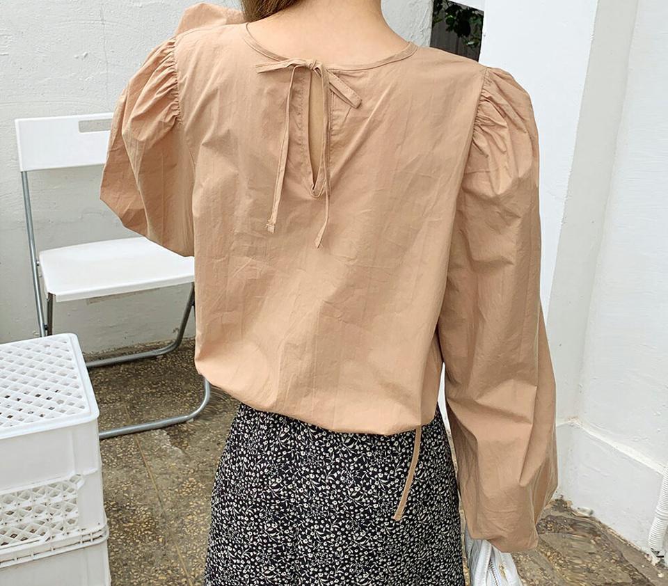 ストリングパフブラウス・全3色・t00743 レディース 【bl】韓国ファッション トップス ブラウス 長袖 シンプル ラブリー パフ ラウンドネック ストラップ ストリング ゴム ベーシック フェミニン 上品 体型カバー 細身 春 秋 NIJU