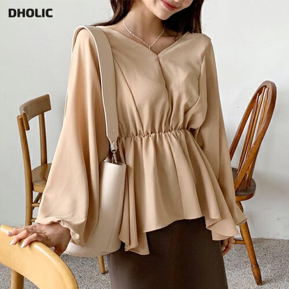 Vネックアンバランスフレアブラウス・全4色・t00715 レディース 【bl】韓国ファッション トップス ブラウス 長袖 シンプル ラブリー アンバランス フレア Vネック ゴム リボン ベーシック フェミニン 上品 インしないブラウス 春 秋 NIJU 人気