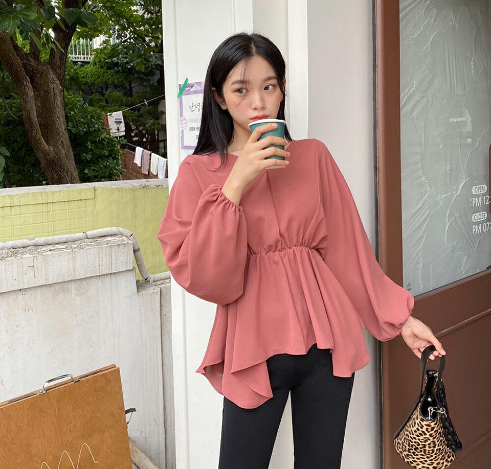 Vネックアンバランスフレアブラウス・全4色・t00715 レディース 【bl】韓国ファッション トップス ブラウス 長袖 シンプル ラブリー アンバランス フレア Vネック ゴム リボン ベーシック フェミニン 上品 インしないブラウス 春 秋 NIJU 人気