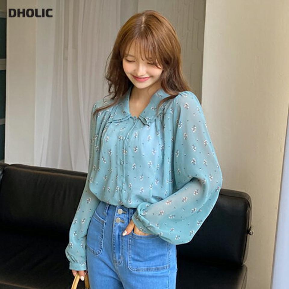 フローラルダブルカラーブラウス・全3色・b00718 レディース 【bl】韓国ファッション トップス ブラウス 長袖 シンプル ラブリー 水色 花柄 ダブルカラー ギャザー パフスリーブ 透け感 フェミニン 上品 カラーネック 春 秋 NIJU
