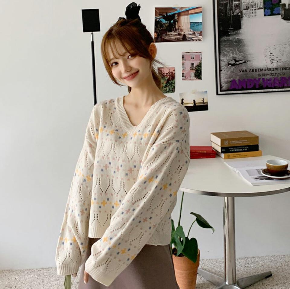 Vネックパターンパンチングニット・全3色・t00719 レディース 【tops】韓国ファッション トップス ニット 長袖 スリム Vネック デコルテ パターン パンチング ゆったり ルーズ 細身 ガーリー デイリー カジュアル 春 秋 NIJU