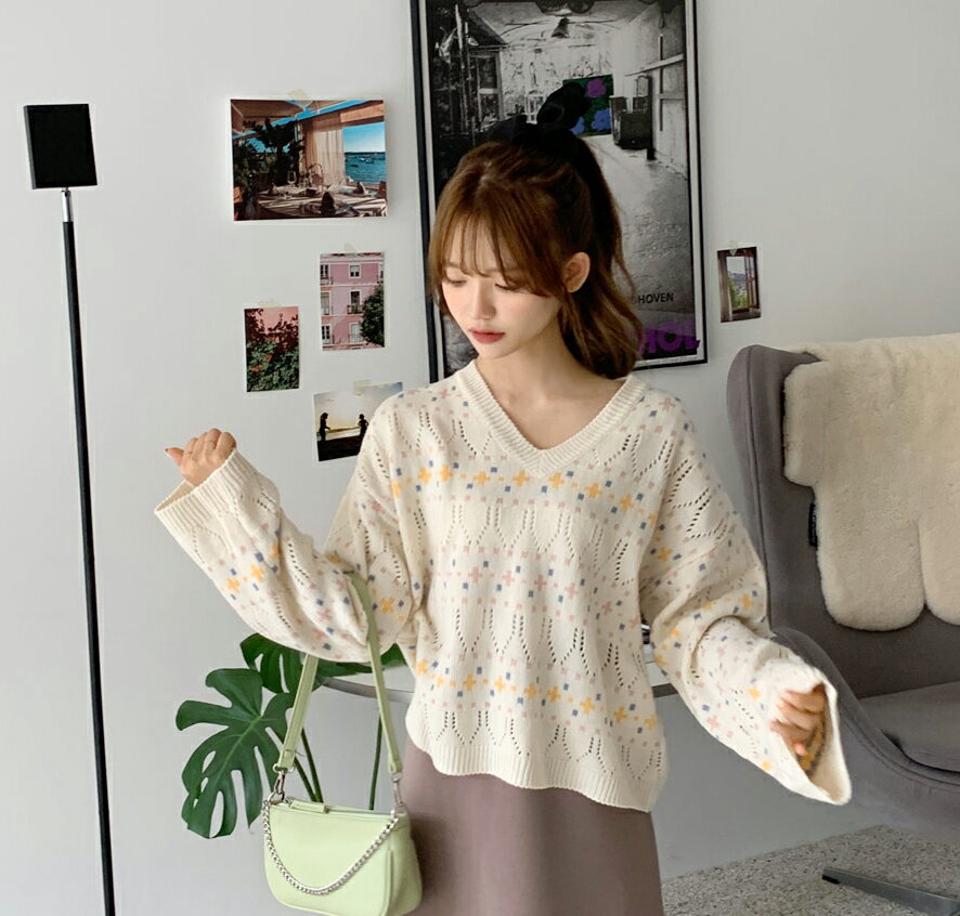 Vネックパターンパンチングニット・全3色・t00719 レディース 【tops】韓国ファッション トップス ニット 長袖 スリム Vネック デコルテ パターン パンチング ゆったり ルーズ 細身 ガーリー デイリー カジュアル 春 秋 NIJU