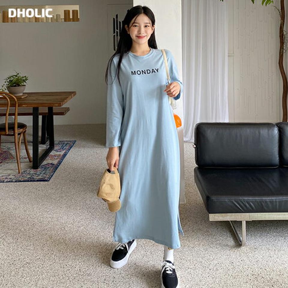 MONDAYレタリングワンピース・全3色・b00723 レディース 【ops】韓国 ファッション ワンピース ロング ロングワンピース 長袖 Tシャツ マキシ レタリング ドロップショルダー ラウンドネック Hライン スリット フェミニン スリム 楽ちん 体型カバー 春 秋 NIJU