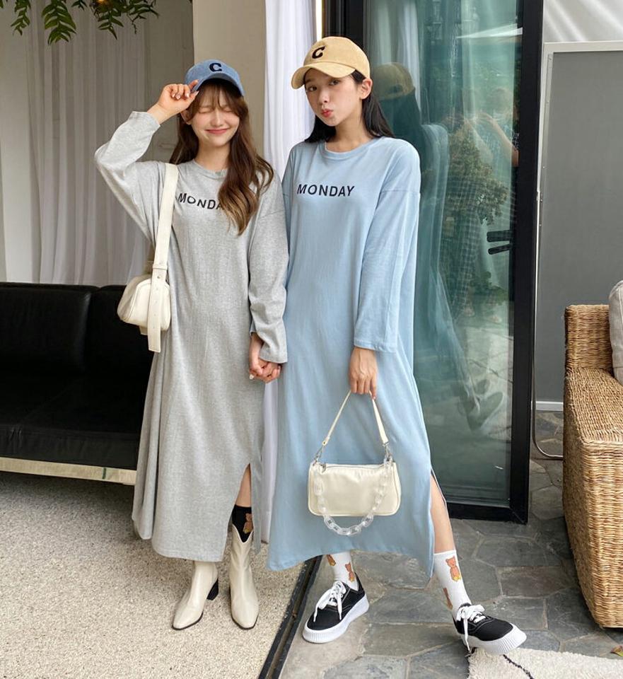 MONDAYレタリングワンピース・全3色・b00723 レディース 【ops】韓国 ファッション ワンピース ロング ロングワンピース 長袖 Tシャツ マキシ レタリング ドロップショルダー ラウンドネック Hライン スリット フェミニン スリム 楽ちん 体型カバー 春 秋 NIJU