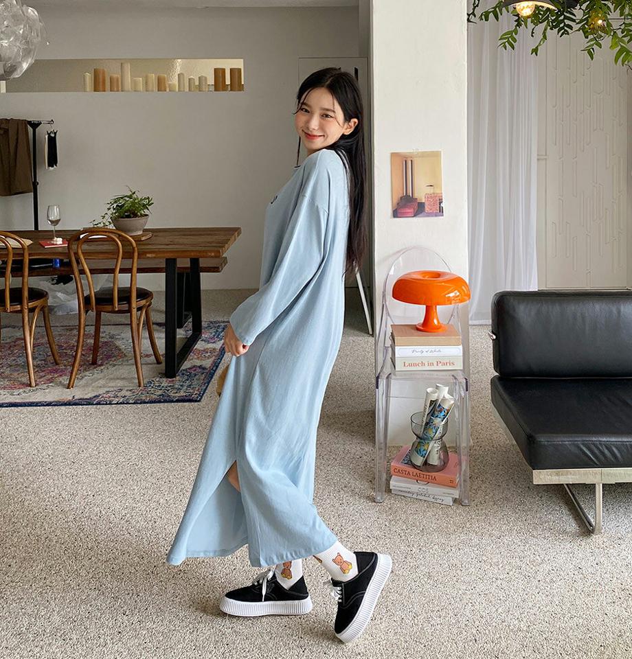 MONDAYレタリングワンピース・全3色・b00723 レディース 【ops】韓国 ファッション ワンピース ロング ロングワンピース 長袖 Tシャツ マキシ レタリング ドロップショルダー ラウンドネック Hライン スリット フェミニン スリム 楽ちん 体型カバー 春 秋 NIJU