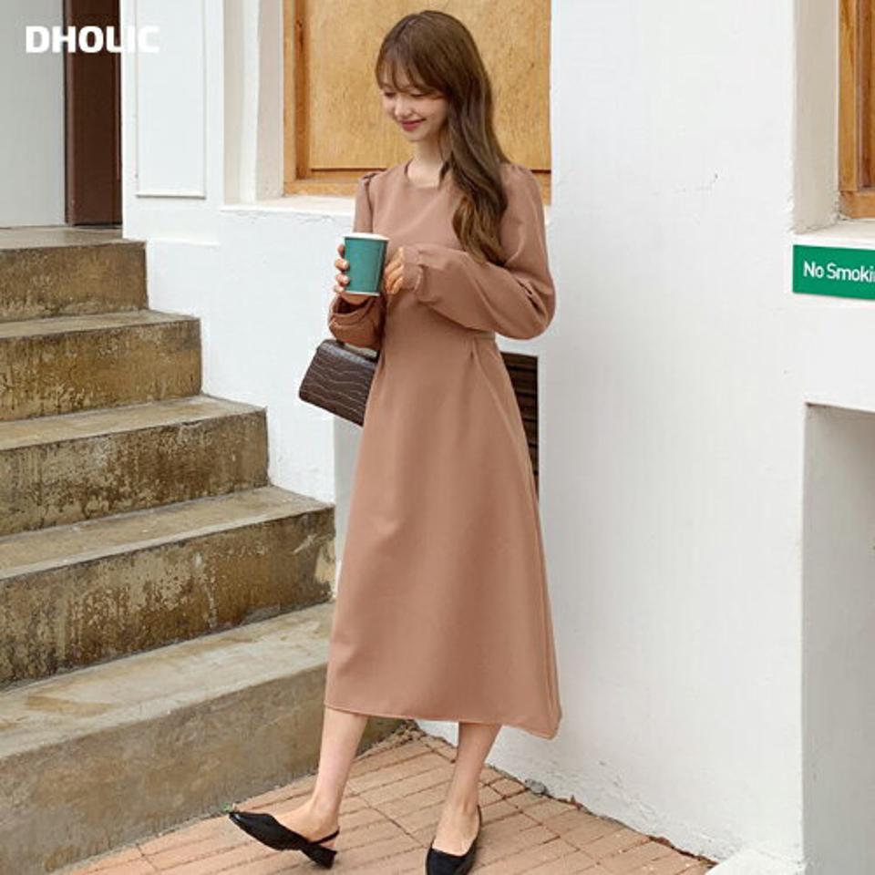 バックリボンパフスリーブワンピース・全4色・t00724 レディース 【ops】韓国ファッション ワンピース ロング ロングワンピース 長袖 上品 フレア リボン ラウンドネック パフ フェミニン Aライン スリム 楽ちん 体型カバー 春 秋 NIJU