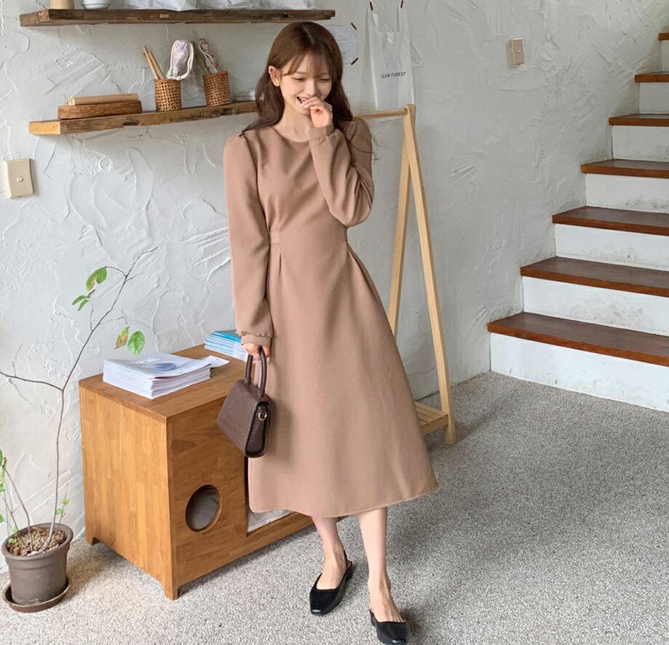 バックリボンパフスリーブワンピース・全4色・t00724 レディース 【ops】韓国ファッション ワンピース ロング ロングワンピース 長袖 上品 フレア リボン ラウンドネック パフ フェミニン Aライン スリム 楽ちん 体型カバー 春 秋 NIJU