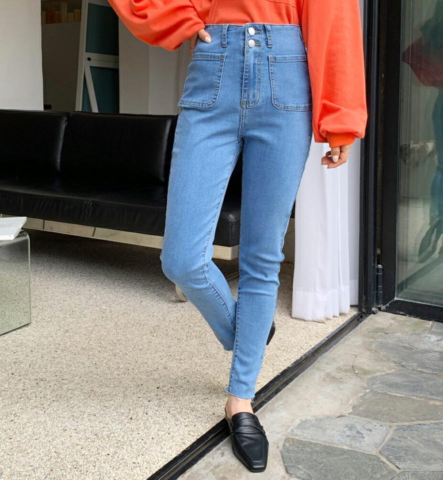 ツーボタンスキニーデニムパンツ・全3色・b00733 レディース 【pt】韓国ファッション ボトムス パンツ ロング デニム スキニー デニムパンツ ハイウエスト ベルトループ スリム ストレート 美脚 10分丈 十分丈 カジュアル デイリー 春 秋 NIJU