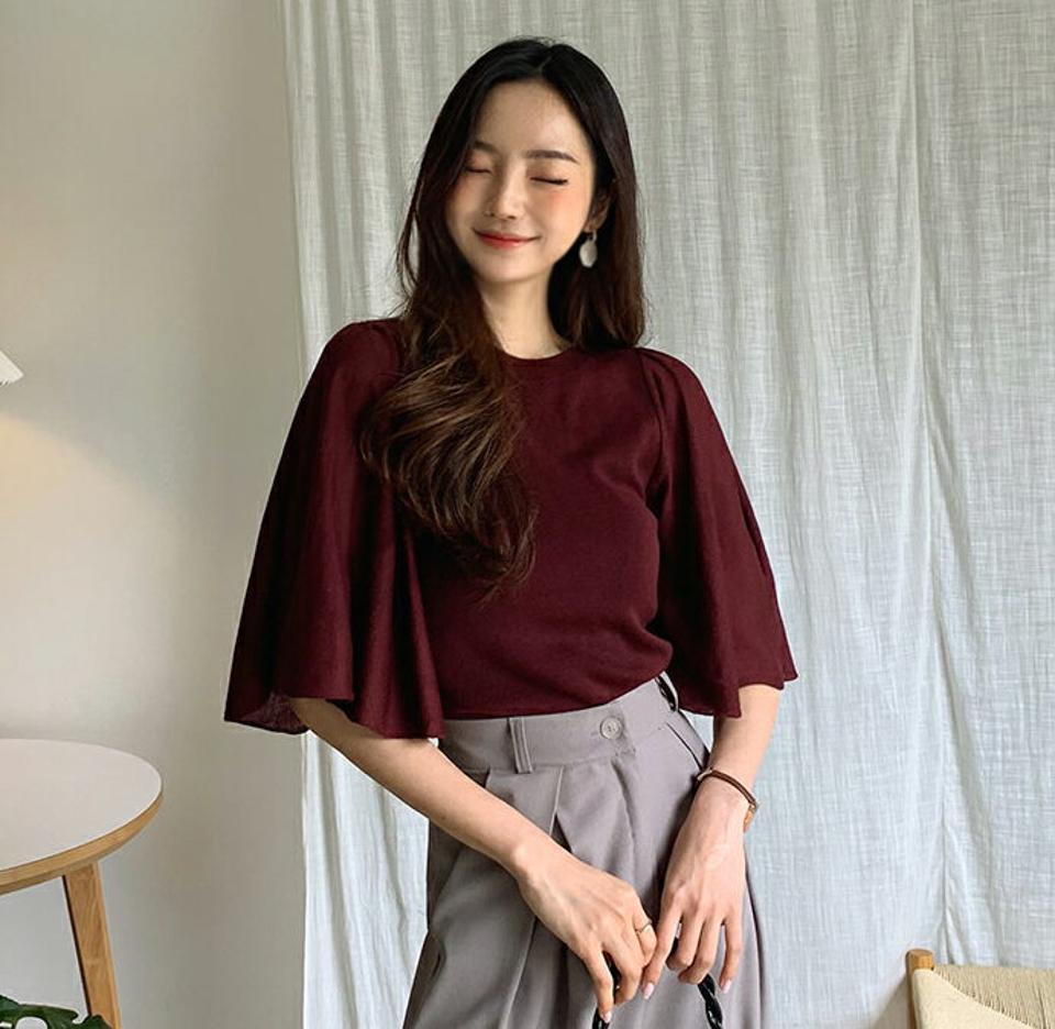 ボートネックフレアスリーブニット・全4色・b64750 レディース 【tops】韓国ファッション トップス ニット 年上 長袖 スリム 大人 5分袖 フレア ギャザー ボートネック フェミニン 秋 春
