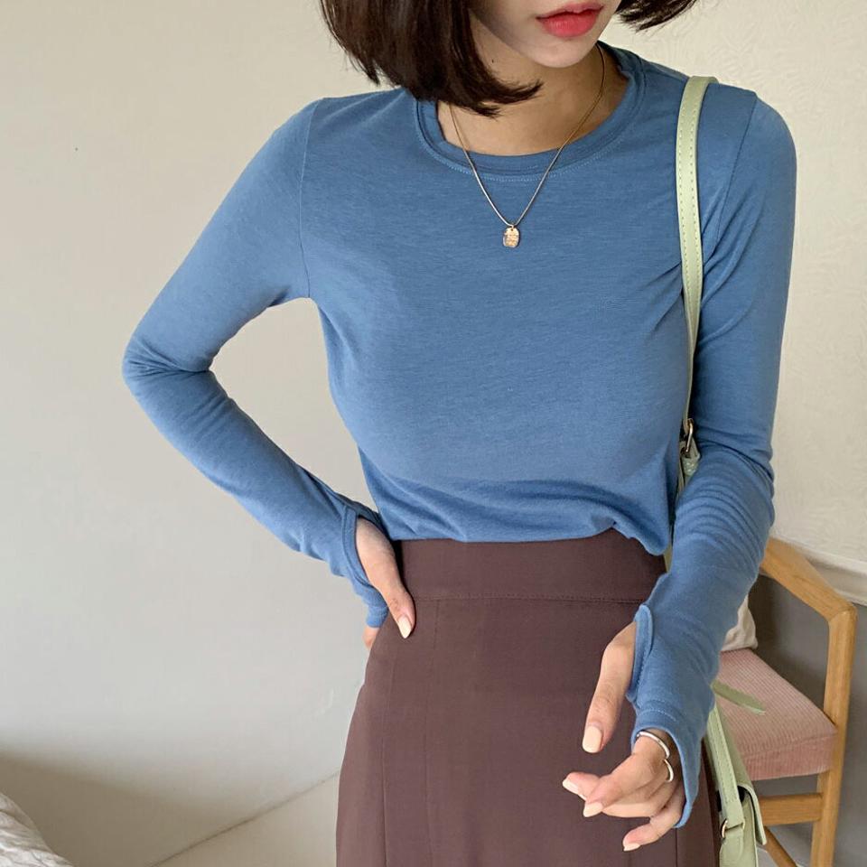 フィンガーホールスリム長袖Tシャツ・全5色・t64751 レディース 【tops】韓国ファッション トップス Tシャツ 長袖 シンプル ラウンドネック スリム フィット タイト ベーシック デイリー 細身 フェミニン 秋 春
