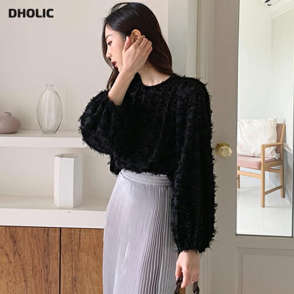 テクスチャーシアーウエストゴムブラウス・全2色・t64761 レディース 【bl】韓国ファッション トップス ブラウス 長袖 大人 上品 ラウンドネック ボタン 透け感 フェミニン ダイヤ パターン テクスチャー ユニーク カジュアル もこもこ ふわふわ 秋 春