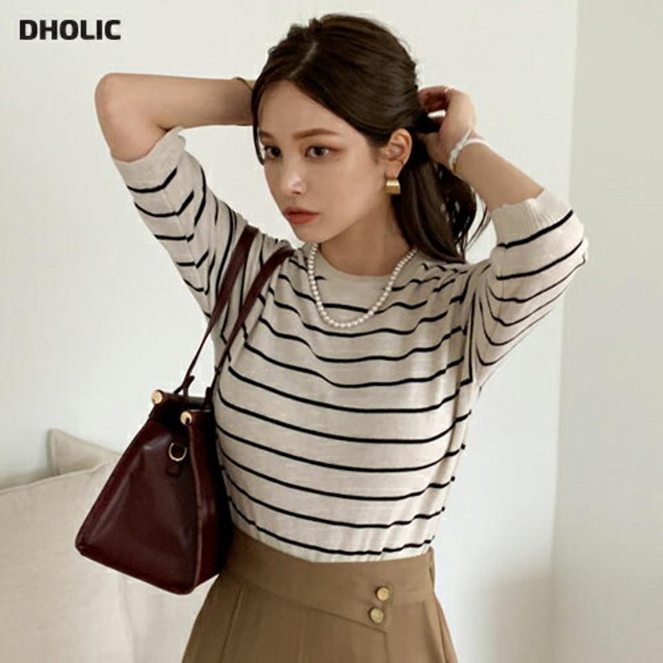 ボーダー7分袖ニット・全4色・b69965 レディース 【tops】トップス Tシャツ 七分丈 七分袖 7分丈 7分袖 ボーダー柄 カジュアル ラフ 春 秋 韓国ファッション ハイホリHIHOLLI
