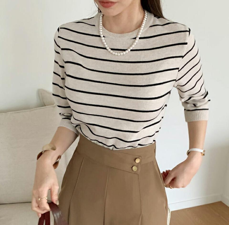 ボーダー7分袖ニット・全4色・b69965 レディース 【tops】トップス Tシャツ 七分丈 七分袖 7分丈 7分袖 ボーダー柄 カジュアル ラフ 春 秋 韓国ファッション ハイホリHIHOLLI