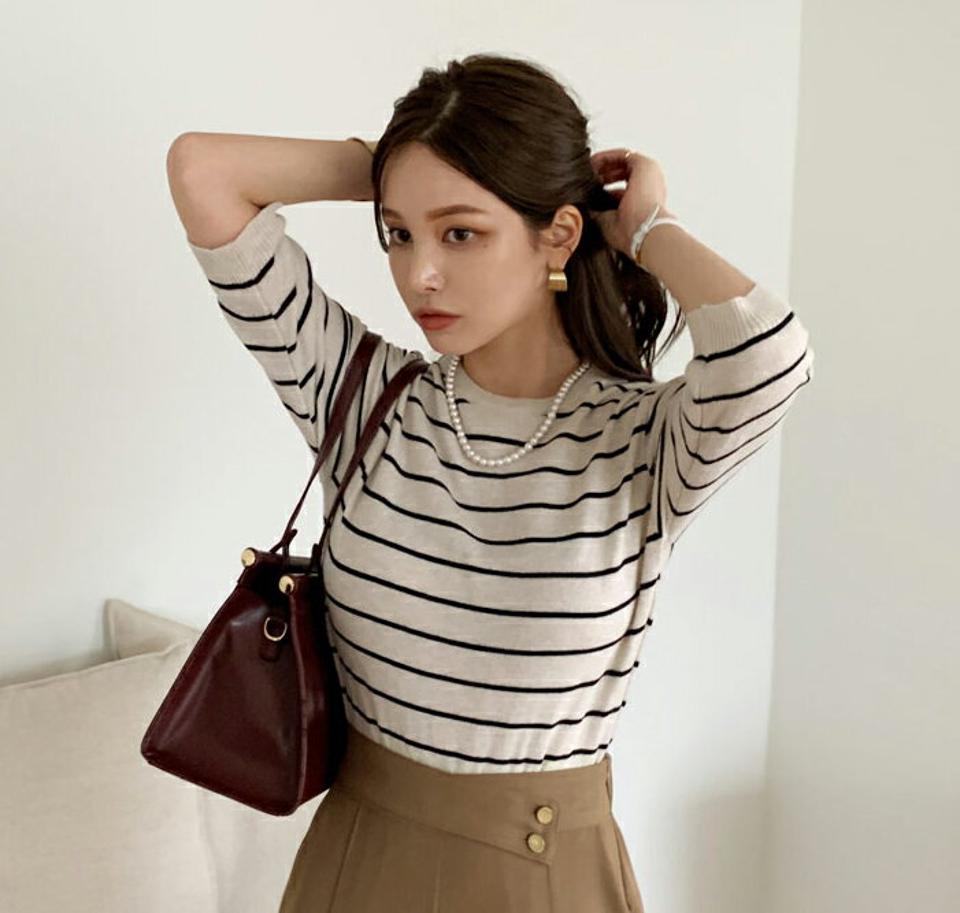 ボーダー7分袖ニット・全4色・b69965 レディース 【tops】トップス Tシャツ 七分丈 七分袖 7分丈 7分袖 ボーダー柄 カジュアル ラフ 春 秋 韓国ファッション ハイホリHIHOLLI