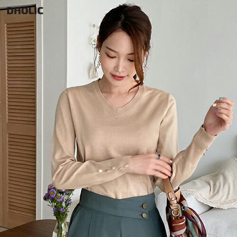 Vネックボタンスリーブニット・全5色・b69967 レディース 【tops】トップス ニット 長袖 Vネック ボタンスリーブ 大人 シンプル 単色 春 秋 韓国ファッション ハイホリHIHOLLI
