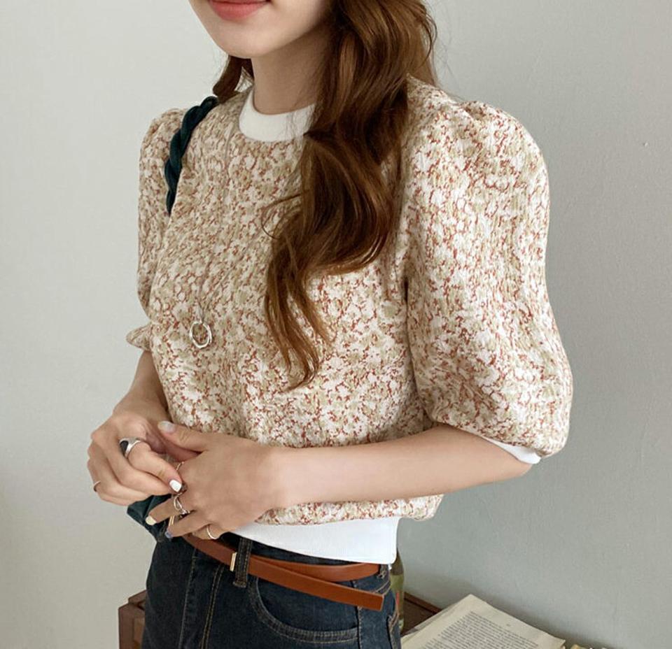 ラウンドネックパターン半袖ニット・全3色・t69969 レディース 【tops】トップス ニット 半袖 ハーフスリーブ パフ袖 パフスリーブ 総柄 かわいい 大人 春 夏 韓国 ファッション ハイホリHIHOLLI