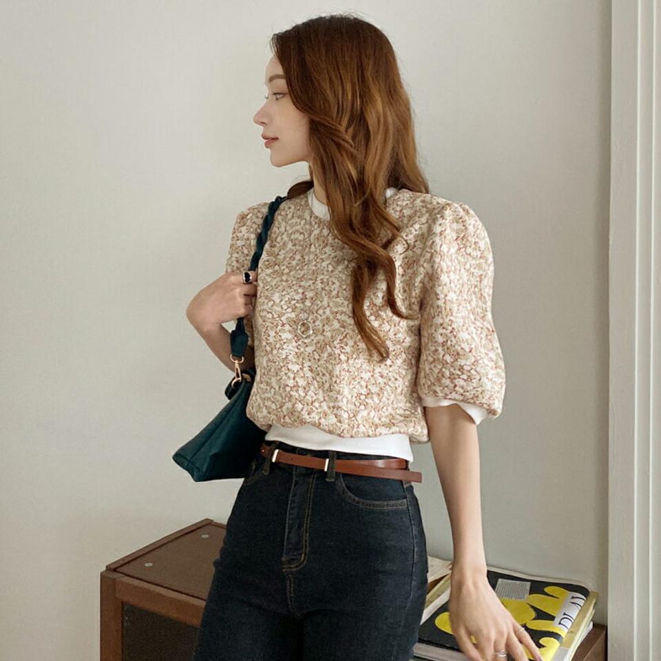 ラウンドネックパターン半袖ニット・全3色・t69969 レディース 【tops】トップス ニット 半袖 ハーフスリーブ パフ袖 パフスリーブ 総柄 かわいい 大人 春 夏 韓国 ファッション ハイホリHIHOLLI