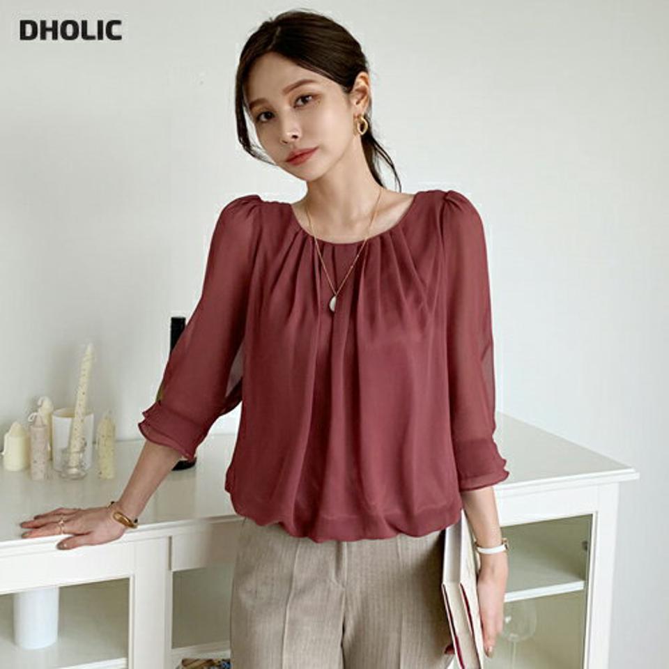 タックネック7分袖ブラウス・全6色・t69970 レディース 【bl】トップス ブラウス 七分丈 七分袖 7分丈 7分袖 タック 単色 無地 シンプル フェミニン 大人 上品 春 秋 韓国 ファッション ハイホリHIHOLLI
