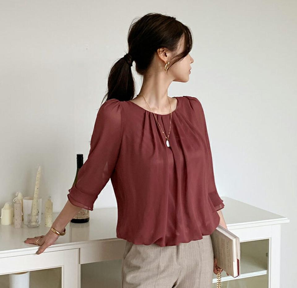 タックネック7分袖ブラウス・全6色・t69970 レディース 【bl】トップス ブラウス 七分丈 七分袖 7分丈 7分袖 タック 単色 無地 シンプル フェミニン 大人 上品 春 秋 韓国 ファッション ハイホリHIHOLLI