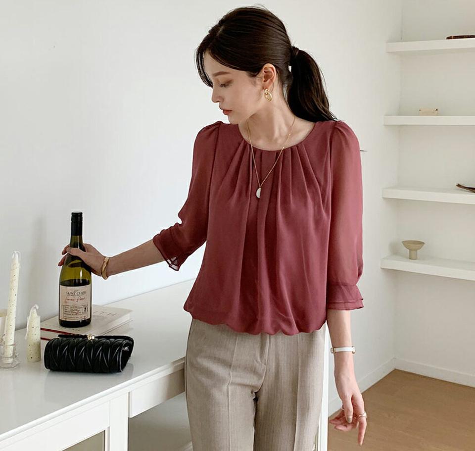 タックネック7分袖ブラウス・全6色・t69970 レディース 【bl】トップス ブラウス 七分丈 七分袖 7分丈 7分袖 タック 単色 無地 シンプル フェミニン 大人 上品 春 秋 韓国 ファッション ハイホリHIHOLLI