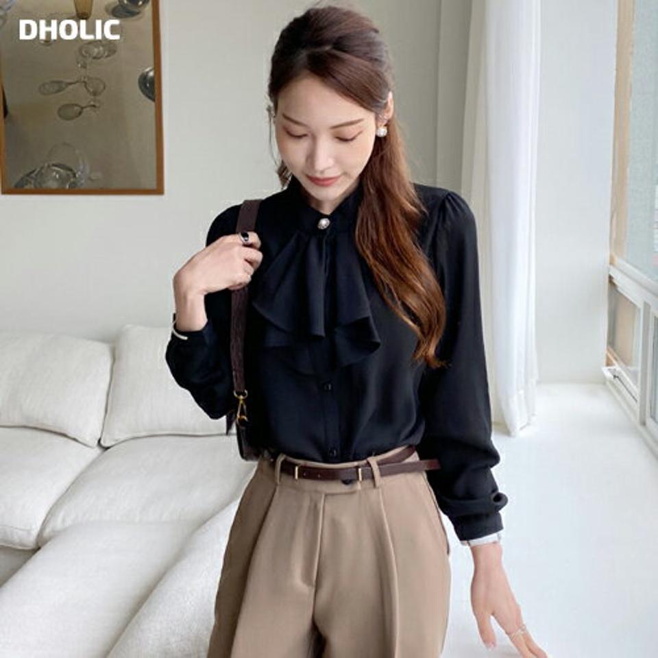 【送料無料・メール便】≪人気商品再入荷≫ラッフルボタンブラウス・全3色・t69973 レディース 【bl】トップス ブラウス 長袖 ラッフル フリル 大人 無地 パールボタン オフィス カジュル 行事 オケージョン 春 秋 韓国ファッション HIHOLLI【UB3】