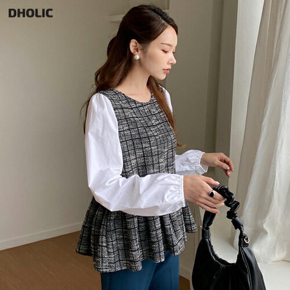 ツイード配色ブラウス・全2色・t69975 レディース 【bl】トップス ブラウス 長袖 異素材ミックス フレア ツイード 大人 配色 春 秋 韓国ファッション ハイホリHIHOLLI