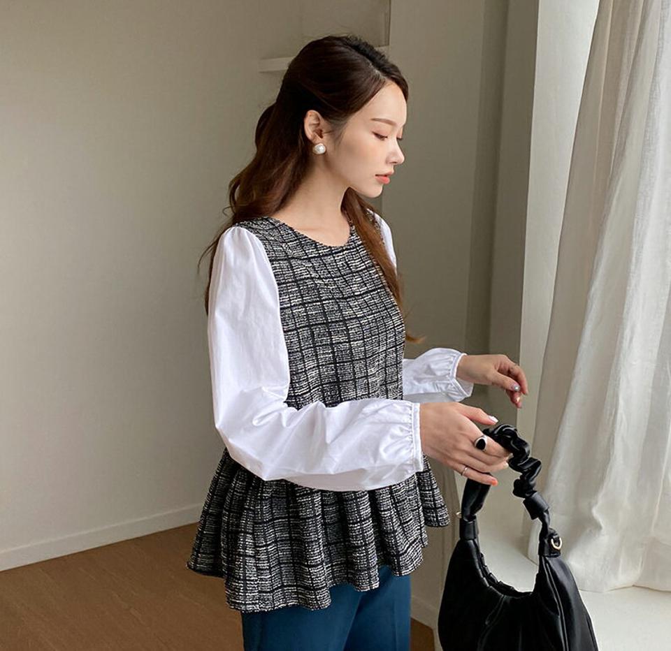 ツイード配色ブラウス・全2色・t69975 レディース 【bl】トップス ブラウス 長袖 異素材ミックス フレア ツイード 大人 配色 春 秋 韓国ファッション ハイホリHIHOLLI