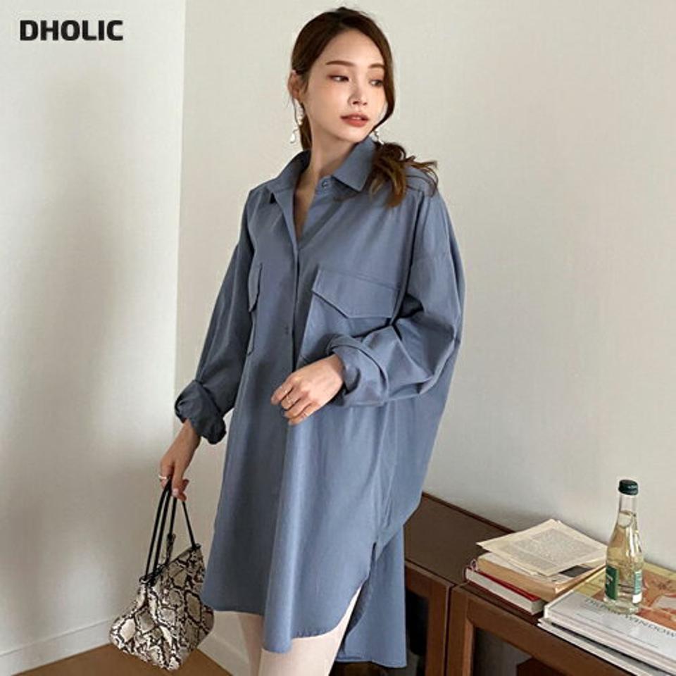 バックギャザーロングシャツ・全5色・b69976 レディース 【bl】トップス シャツ ロングシャツ ギャザー バックシャン 長袖 単色 無地 シンプル カジュアル ラフ 春 秋 韓国 ファッション ハイホリHIHOLLI