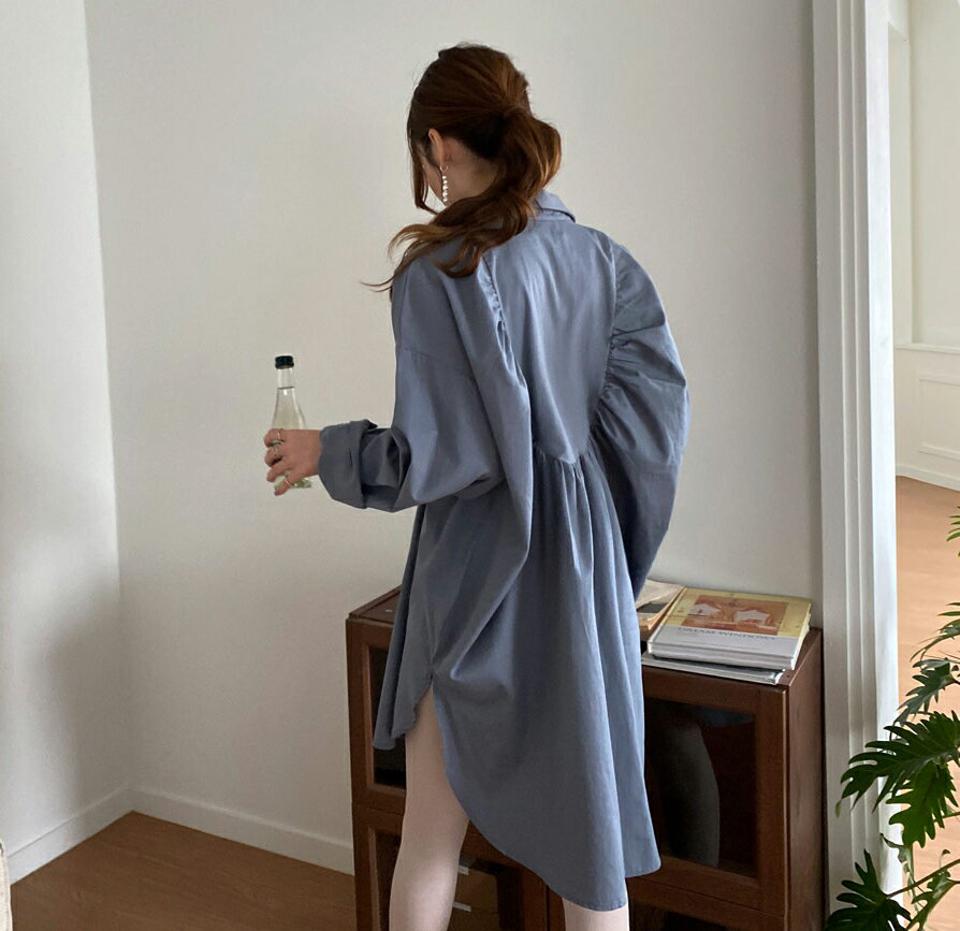 バックギャザーロングシャツ・全5色・b69976 レディース 【bl】トップス シャツ ロングシャツ ギャザー バックシャン 長袖 単色 無地 シンプル カジュアル ラフ 春 秋 韓国 ファッション ハイホリHIHOLLI