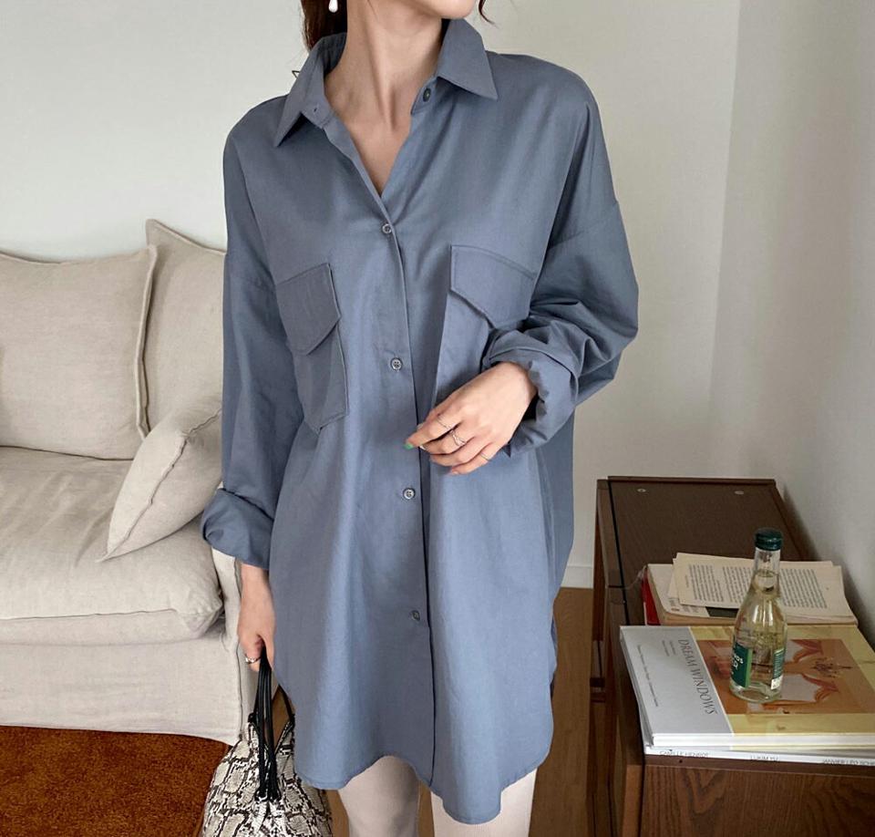 バックギャザーロングシャツ・全5色・b69976 レディース 【bl】トップス シャツ ロングシャツ ギャザー バックシャン 長袖 単色 無地 シンプル カジュアル ラフ 春 秋 韓国 ファッション ハイホリHIHOLLI