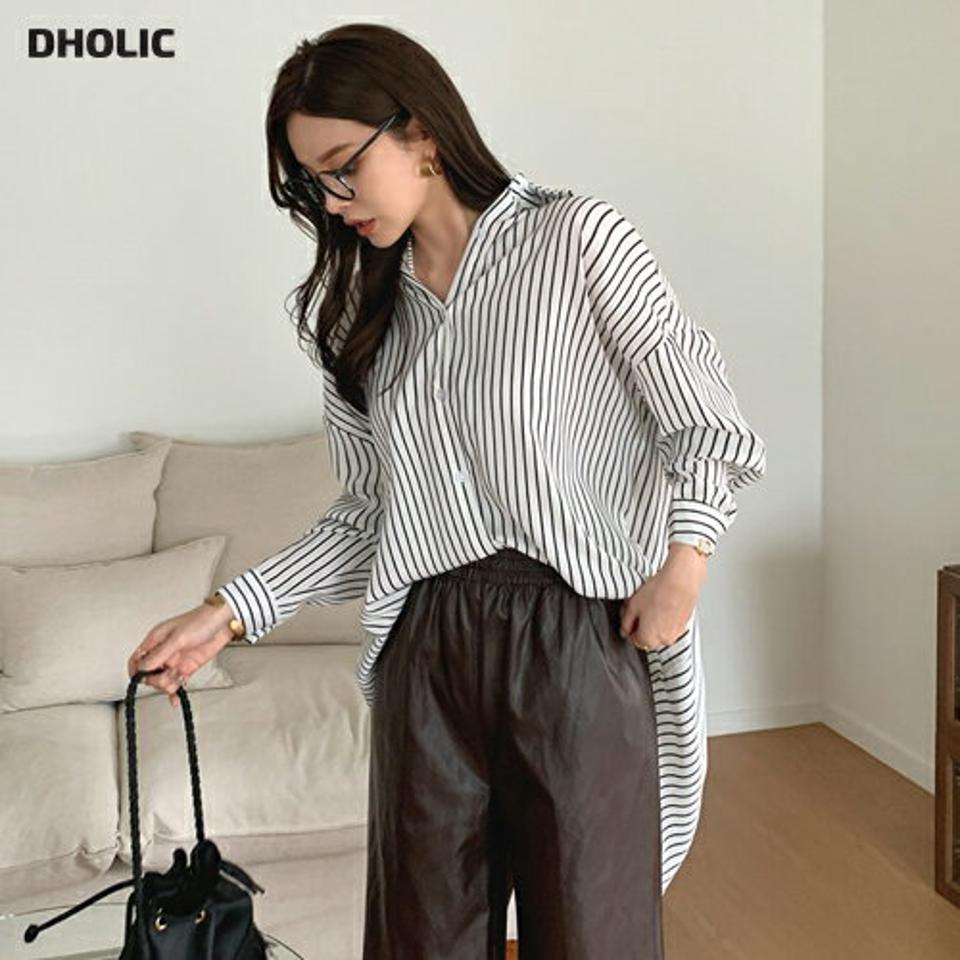 ストライプロングシャツ・全2色・b69977 レディース 【bl】トップス シャツ ロングシャツ ロング丈 ストライプ柄 長袖 爽やか 大人 カジュアル アンバランス 春 秋 韓国 ファッション ハイホリHIHOLLI