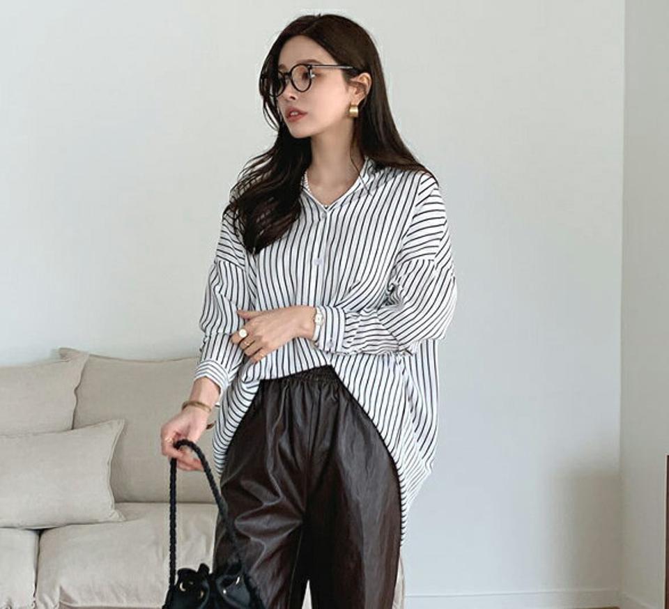 ストライプロングシャツ・全2色・b69977 レディース 【bl】トップス シャツ ロングシャツ ロング丈 ストライプ柄 長袖 爽やか 大人 カジュアル アンバランス 春 秋 韓国 ファッション ハイホリHIHOLLI