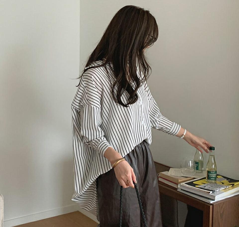 ストライプロングシャツ・全2色・b69977 レディース 【bl】トップス シャツ ロングシャツ ロング丈 ストライプ柄 長袖 爽やか 大人 カジュアル アンバランス 春 秋 韓国 ファッション ハイホリHIHOLLI