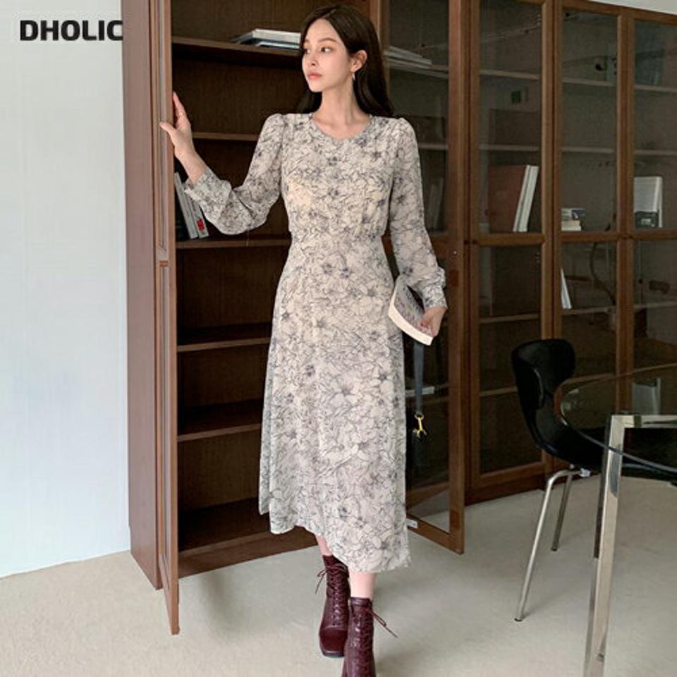 フローラルシフォンワンピース・全2色・b69979 レディース 【ops】ワンピース ロング 長袖 花柄 フラワー シフォン フェミニン 上品 大人 シック モダン 春 秋 韓国ファッション ハイホリHIHOLLI