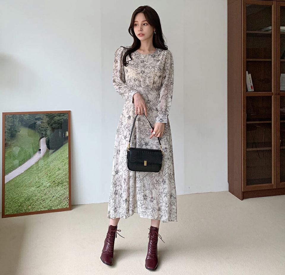 フローラルシフォンワンピース・全2色・b69979 レディース 【ops】ワンピース ロング 長袖 花柄 フラワー シフォン フェミニン 上品 大人 シック モダン 春 秋 韓国ファッション ハイホリHIHOLLI
