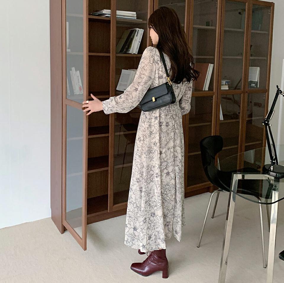 フローラルシフォンワンピース・全2色・b69979 レディース 【ops】ワンピース ロング 長袖 花柄 フラワー シフォン フェミニン 上品 大人 シック モダン 春 秋 韓国ファッション ハイホリHIHOLLI