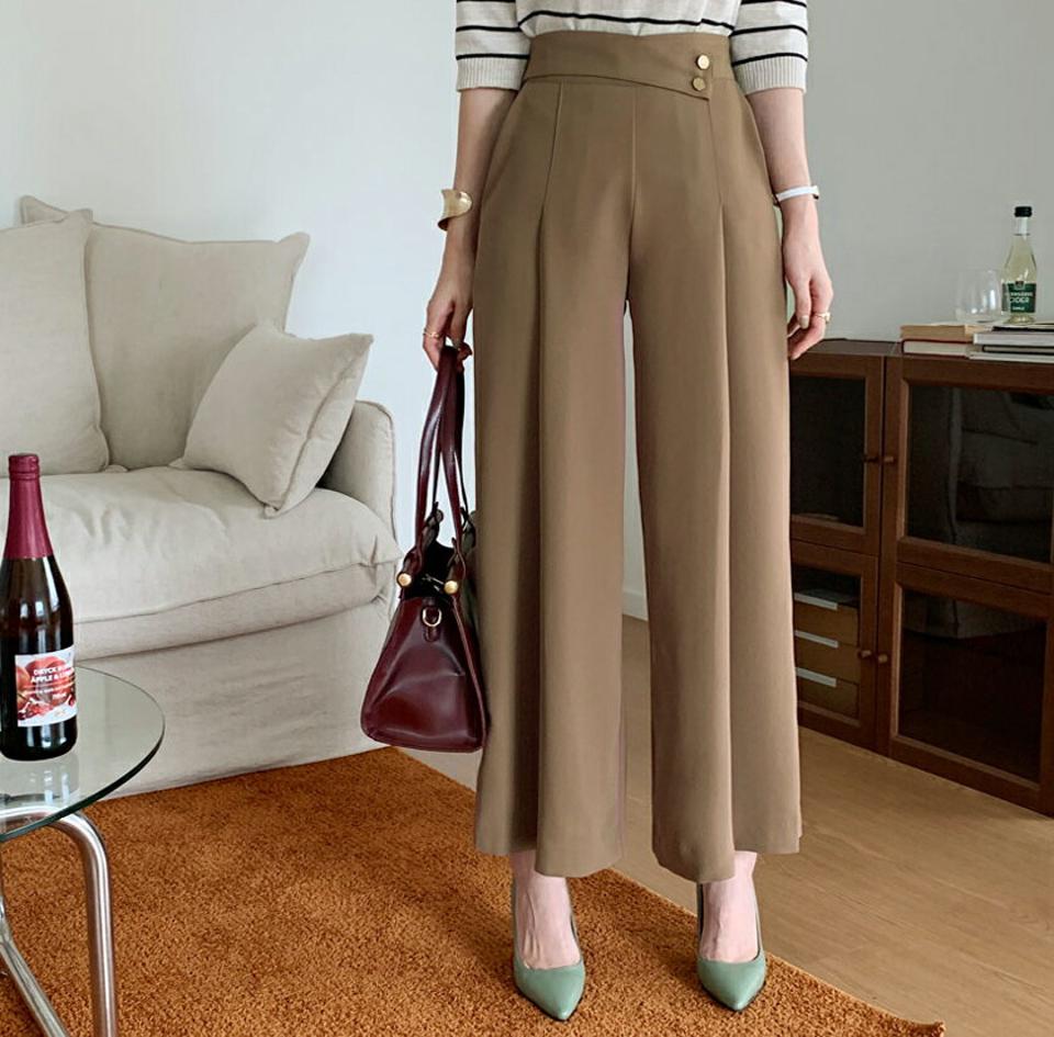 ボタンストラップワイドパンツ・全3色・b69984 レディース 【pt】パンツ ズボン ロングパンツ ワイド 単色 無地 シンプル 大人 春 秋 韓国ファッション ハイホリHIHOLLI