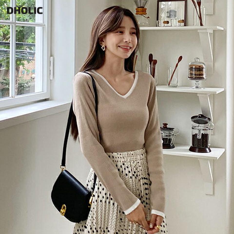 【今だけこの価格】2WAY配色Vネックリブニット・全4色・t65859 レディース 【tops】韓国ファッション トップス ニット 大人 長袖 Vネック 2WAY 配色 スリム フィット ゴム リブ カジュアル ベーシック 体型カバー 細身 フェミニン 上品 秋 春 セール