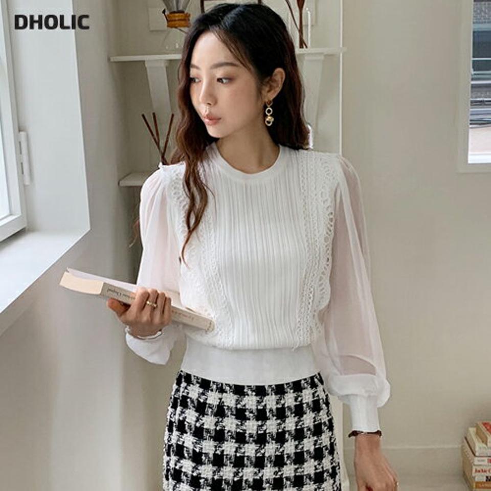 ≪人気商品再入荷≫レースシアースリーブニット・全2色・b65860 レディース 【tops】韓国ファッション 異素材ミックス トップス ニット 年上 大人 長袖 ラウンドネック スカラップ レース シアースリーブ カジュアル 伸縮性 体型カバー 細身 フェミニン 上品 秋 春