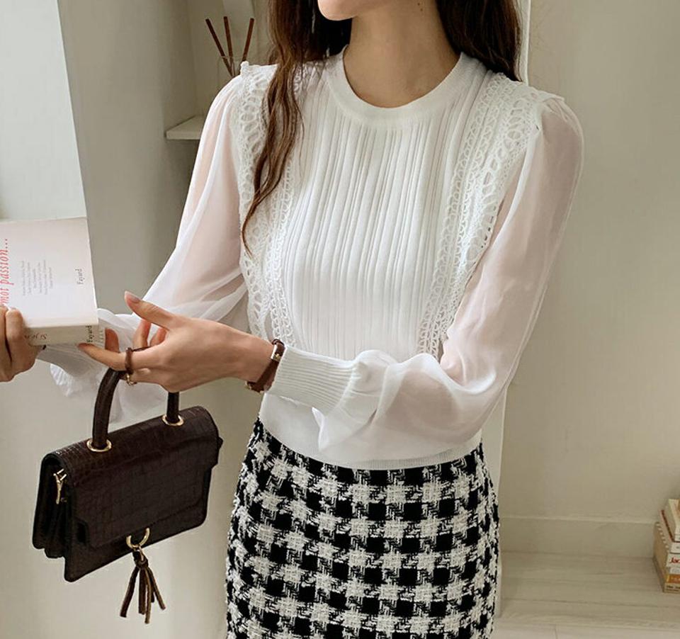≪人気商品再入荷≫レースシアースリーブニット・全2色・b65860 レディース 【tops】韓国ファッション 異素材ミックス トップス ニット 年上 大人 長袖 ラウンドネック スカラップ レース シアースリーブ カジュアル 伸縮性 体型カバー 細身 フェミニン 上品 秋 春