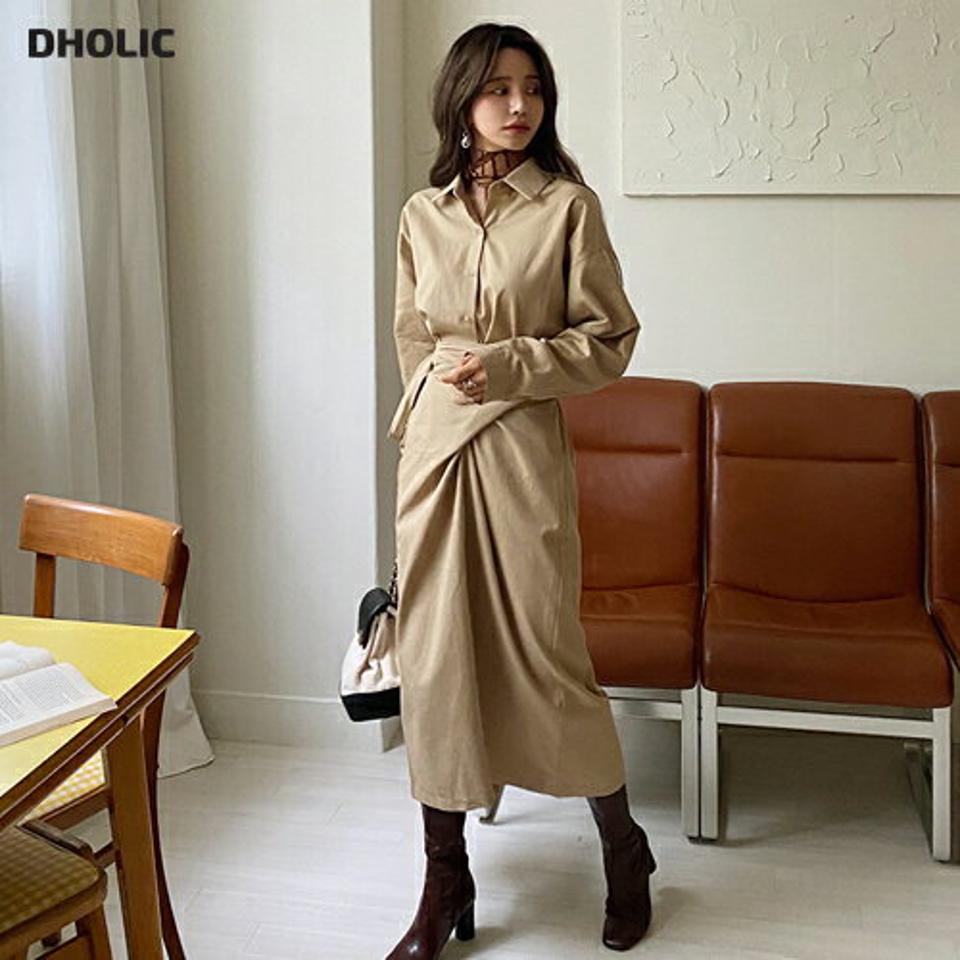 ラップシャツワンピース・全3色・t65864 レディース 【ops】韓国ファッション ワンピース ロング丈 大人 カラーネック ラップシャツ シャツワンピース ロング丈 ゴム 長袖 スリット シンプル フェミニン 秋 春